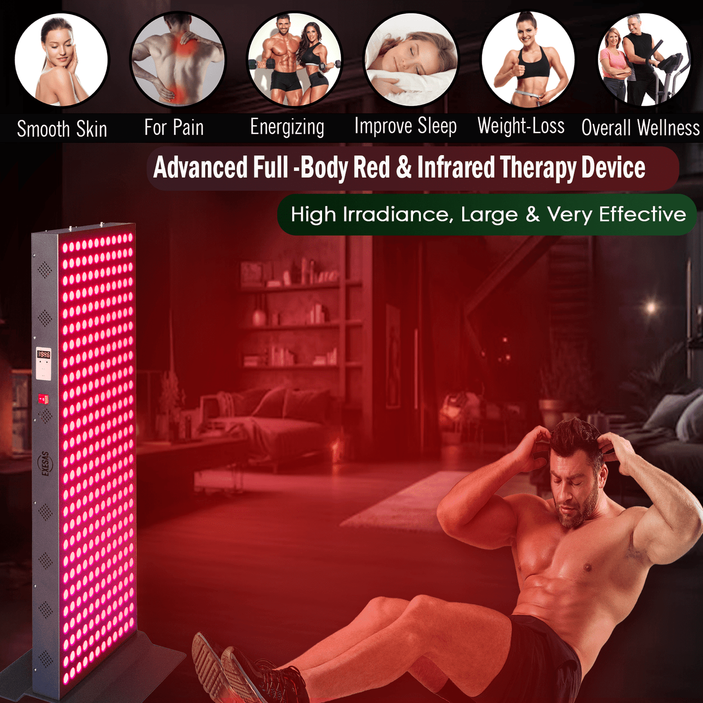EXESAS 324 LED, 1620W Dual-Chip, Red Light Therapy Device for Full Body, 4-Wavelengths Infrared LED Panel for Skin, Weight, Pain, Wellness