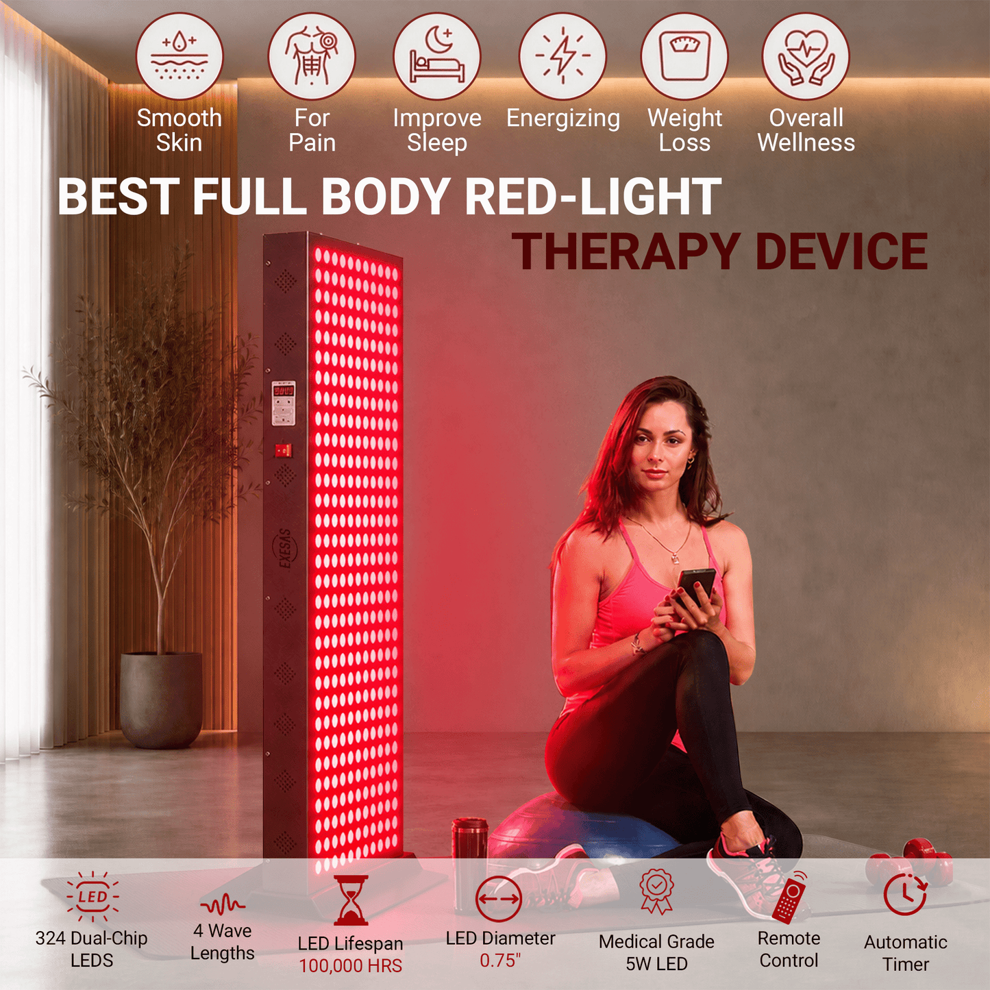EXESAS 324 LED, 1620W Dual-Chip, Red Light Therapy Device for Full Body, 4-Wavelengths Infrared LED Panel for Skin, Weight, Pain, Wellness